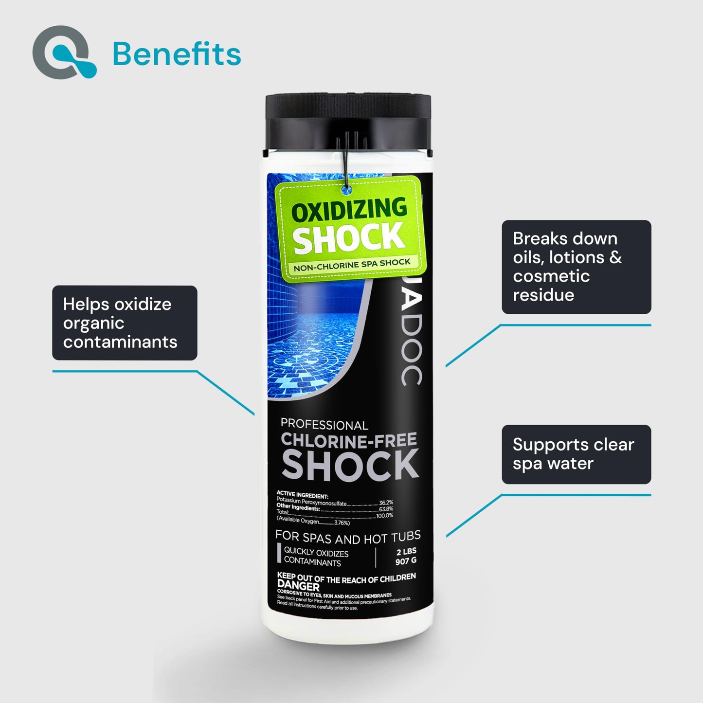 AquaDoc Oxidizing Shock for Hot Tub - 32oz - Oxygen Based Non Chlorine Spa Shock Oxidizer for Hot Tub to Support Bromine and Chlorine Systems - Made in USA