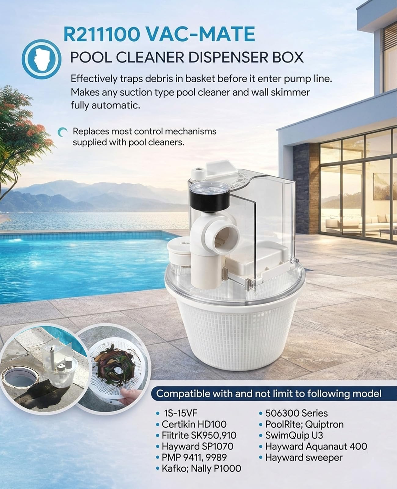 R211100 Vac-Mate Pool Cleaner Dispenser Box – Multi-Function Vacuum Skimmer Attachment – Includes Basket, Pressure Gauge & Easy Install Kit