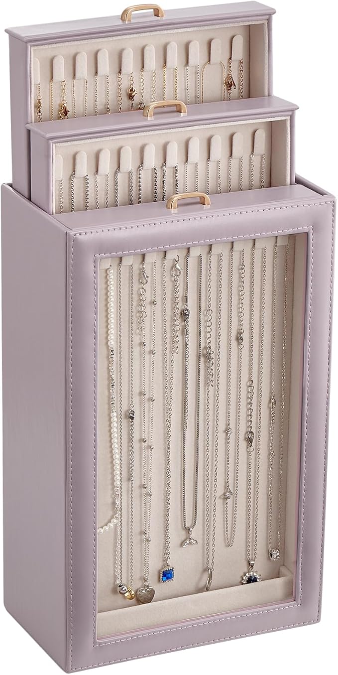 Lolalet Necklace Organizer Box, Jewelry Storage Box with Clear Window for Necklaces Bracelets, Tangle-Free Necklace Display Case for Women Girls -Dusty Purple, 3 Layers 30 Hooks
