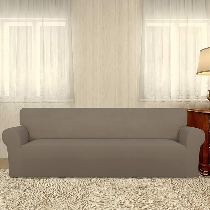 PureFit Super Stretch 4 Seater Sofa Slipcover – Spandex Non Slip Soft Couch Sofa Cover, Washable Furniture Protector with Non Skid Foam and Elastic Bottom for Kids, Pets （XX Large, Natural）