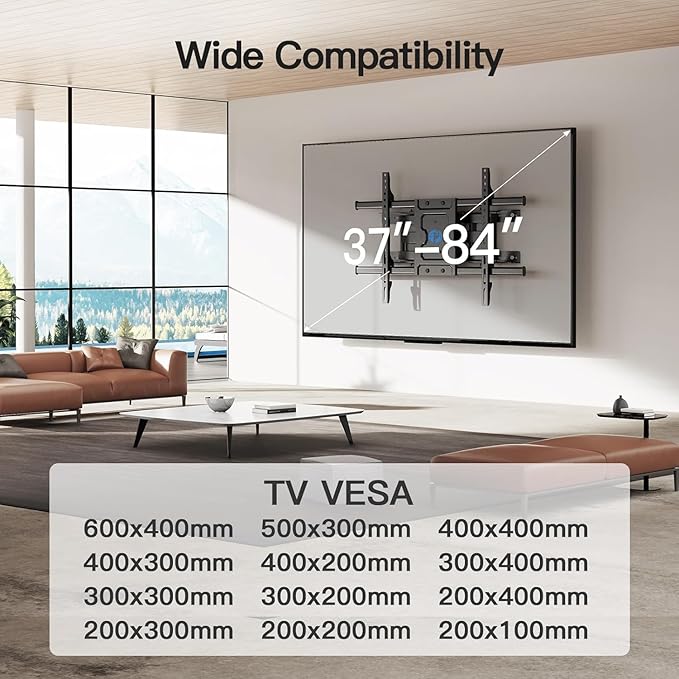 Full Motion TV Wall Mount Articulating Arms Swivel Tilt Rotation for Most 37-84 Inch OLED, LCD, LED Flat Curved TVs, Extension to 24 inch Wood Stud up to 132lbs Max VESA 600x400mm by Pipishell