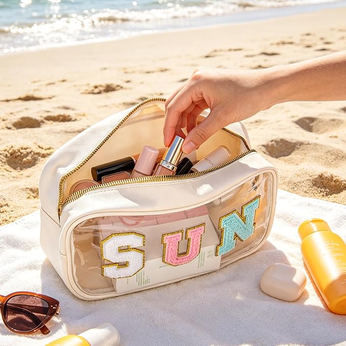 Clear Waterproof Makeup Bag, Cute Sunscreen Bag Pouch with Letter Patches, Travel Beach Pool Bag,Personalized Travel Toiletry Cosmetic Bags Gifts For Girl Women Mom Teacher Nurse (White-SUN)