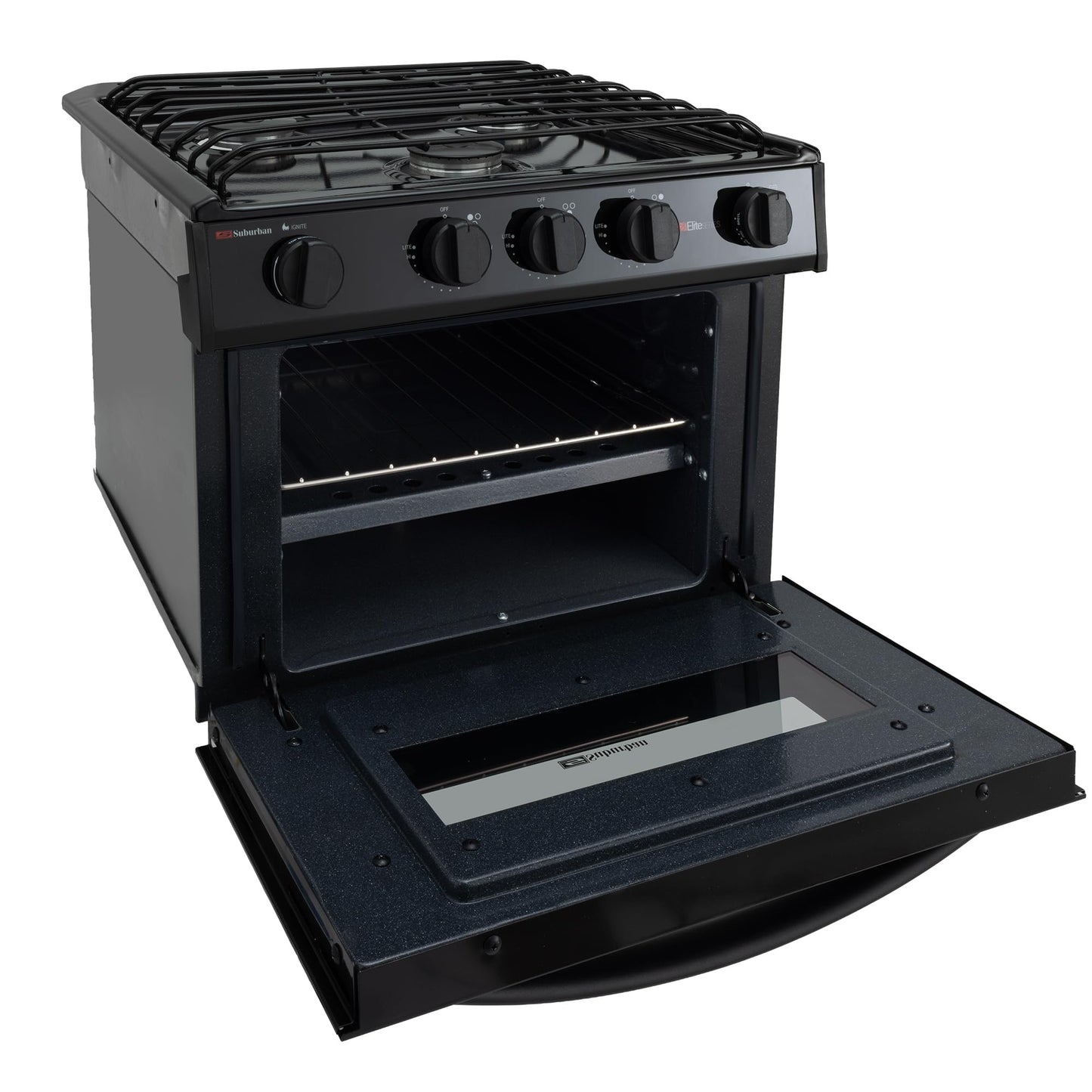 RecPro Suburban RV 17" Black 3 Burner Propane Range with Gas Oven | 9000 BTU Front Burner | Dual 6500 BTU Rear Burners | Piezo Ignition | Compact Built-In Range for RVs and Campers