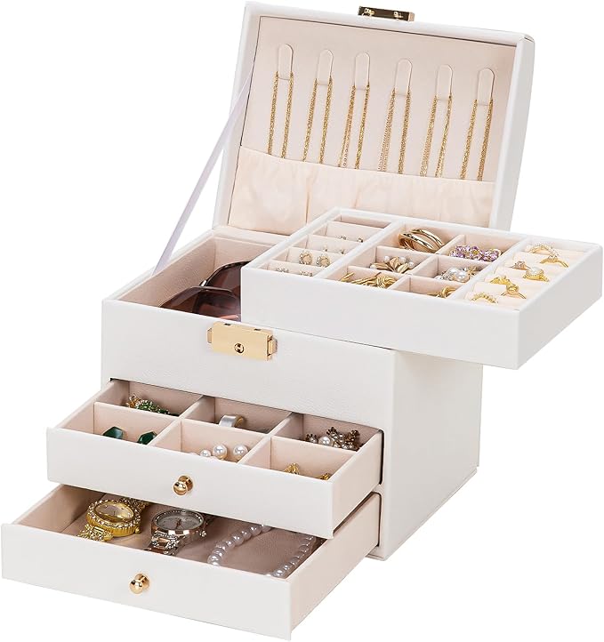 Homde Girls Jewelry Box with Lock: 3 Layer Organizer with Removable Tray - Storage for Ring Necklace Earring - Birthday & Return Gifts for Young Women (Cloud White)