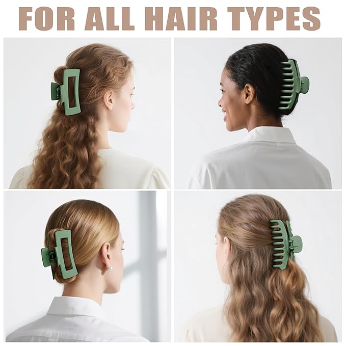 TOCESS Hair Claw Clips for Women - Large 8PK Neutral Matte Jumbo Square Hair Clips for Thick, Thin, Long, Short, Curly Hair Girls, Big Jaw Clip Set for Daily Use (Forest Green)