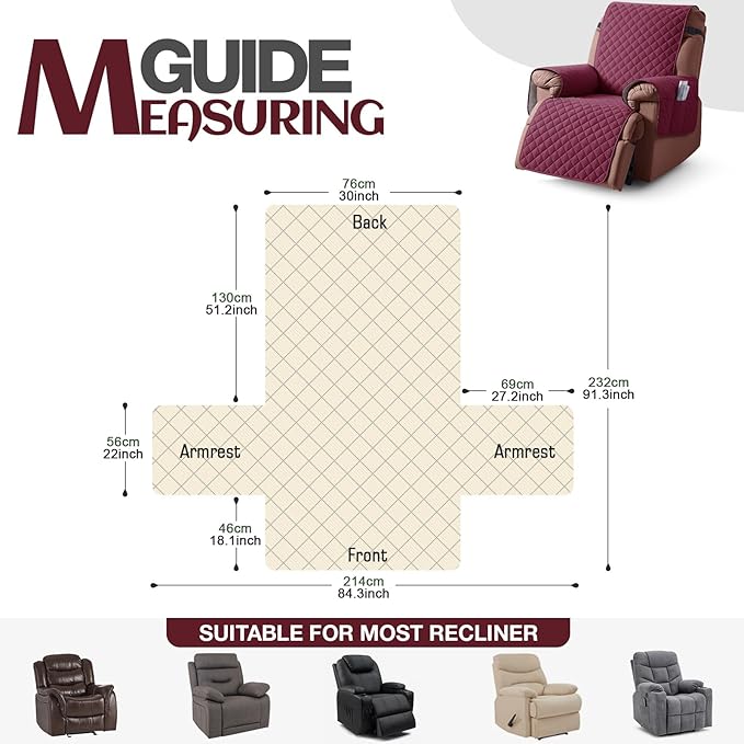 KinCam 100% Waterproof Recliner Chair Cover, Reclining Couch Covers for Pets, Dogs, Recliner Couch Slipcover Furniture Protector with Elastic Straps for Kids(30", Burgundy)