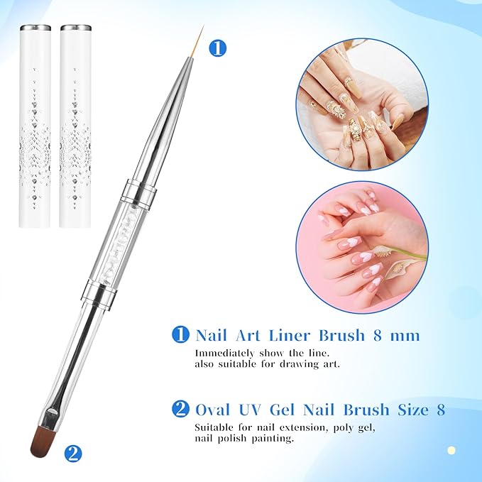 2 Pcs Double Ended Nail Builder Gel Brush, French Tip Brush Hard Gel for Nails, Brush Liner Brush Nails Hard Gel for Design Nails Professional Nail Art(White)