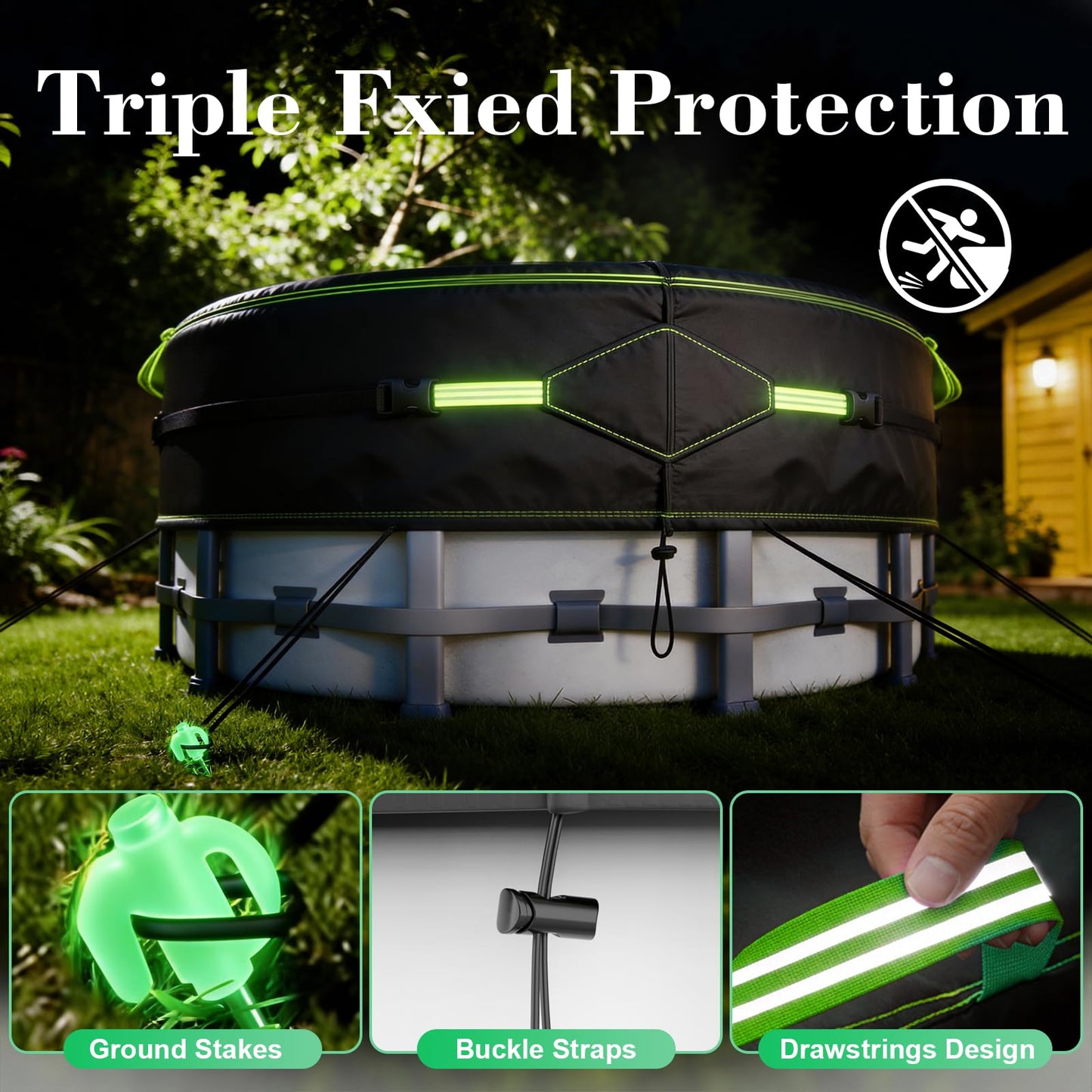 10Ft Round Pool Cover for Above Ground Pools, Safety Solar Pool Covers with Reflective Strips, Rope and Luminous Nails, Upgraded Thicker Oxford, PU Tarp Snug, UV Protected, Windproof, Tear Resistant