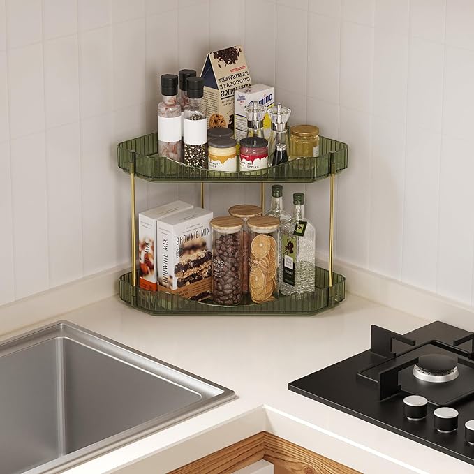 Lifewit 2-Tier Corner Bathroom Counter Organizer, Plastic Makeup Skincare Organizers Storage Countertop, Large Sink Cosmetic Perfume Shelf for Bedroom, Dresser, Kitchen, Vanity, Green, 25 cm/10inch(H)