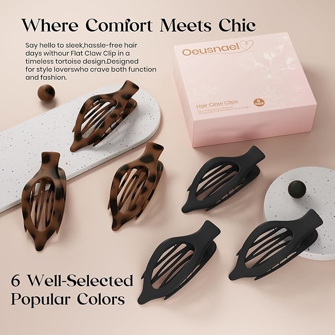 6 PCS Large Flat Hair Clips for Women, French Concord Lay Down Flat Claw Clips for Thick Thin Hair, Comfortable Curved Hair Clip, Matte Non-slip Strong Hold Hair Accessories, Tortoise & Black