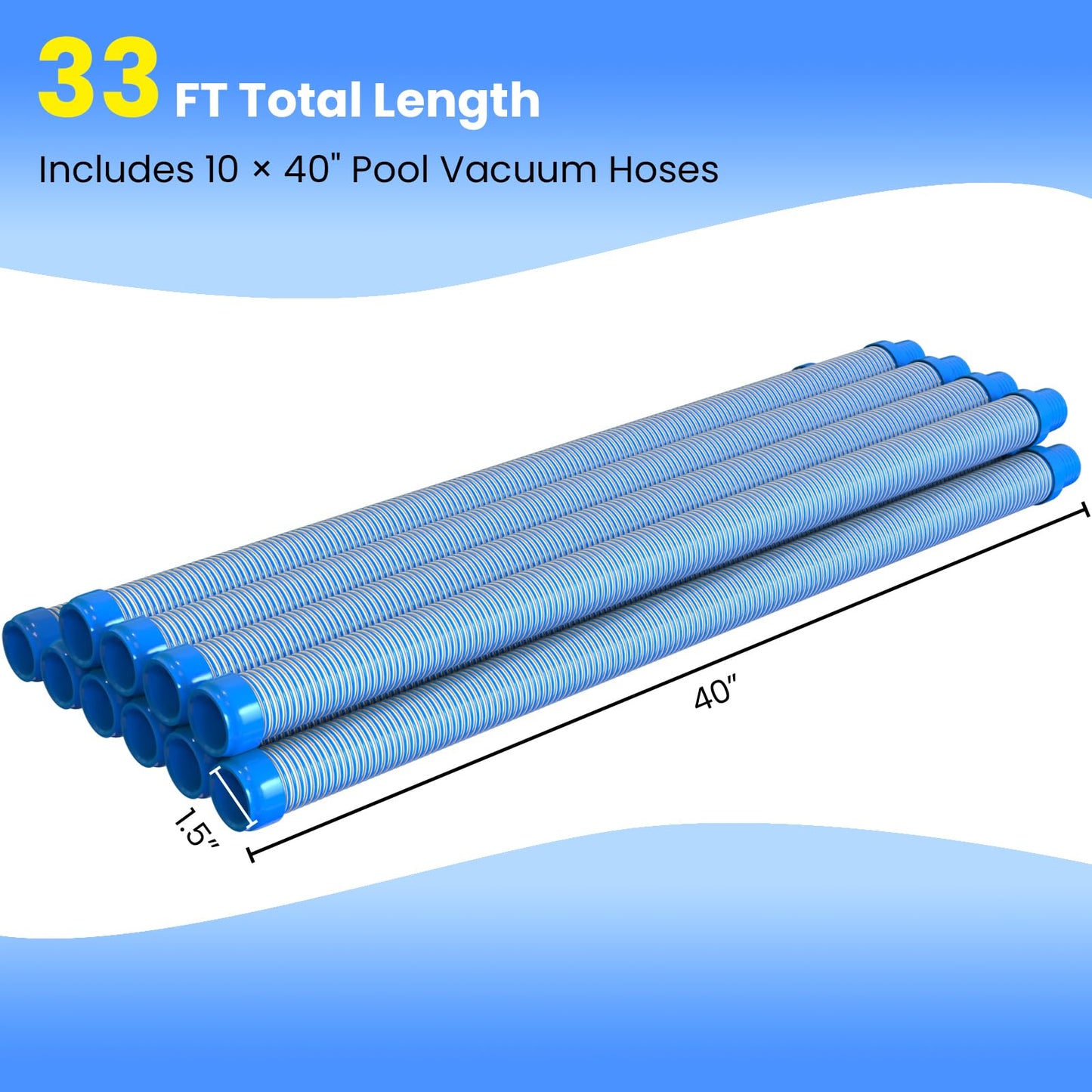 Poolvio Pool Vacuum Hose 33 Feet (10 x 40 Inch), 1.5 Inch Cuffs, Compatible with Most Inground Pool Automatic Cleaners, Blue