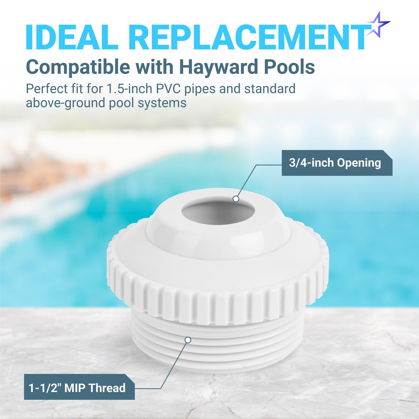 BlueStars Upgraded Pool Jet Nozzles SP1419D Directional Flow Hydrostream Return Jet Compatible with Adjustable 3/4" Opening Rotating Eyeball and 1-1/2 Inch MIP Thread - PACK OF 6