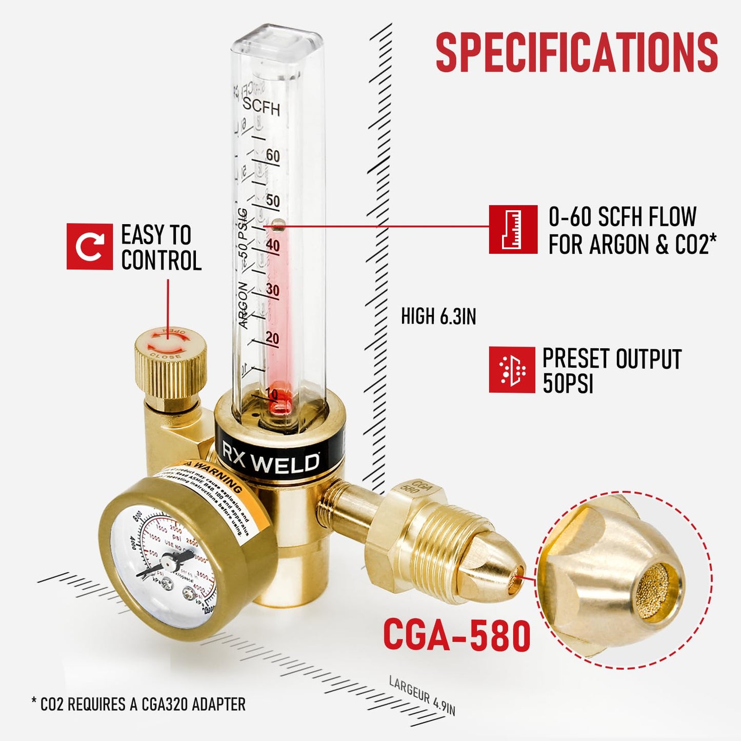 RX WELD Argon Regulator Flowmeter Gas Gauge for Mig Tig Weld