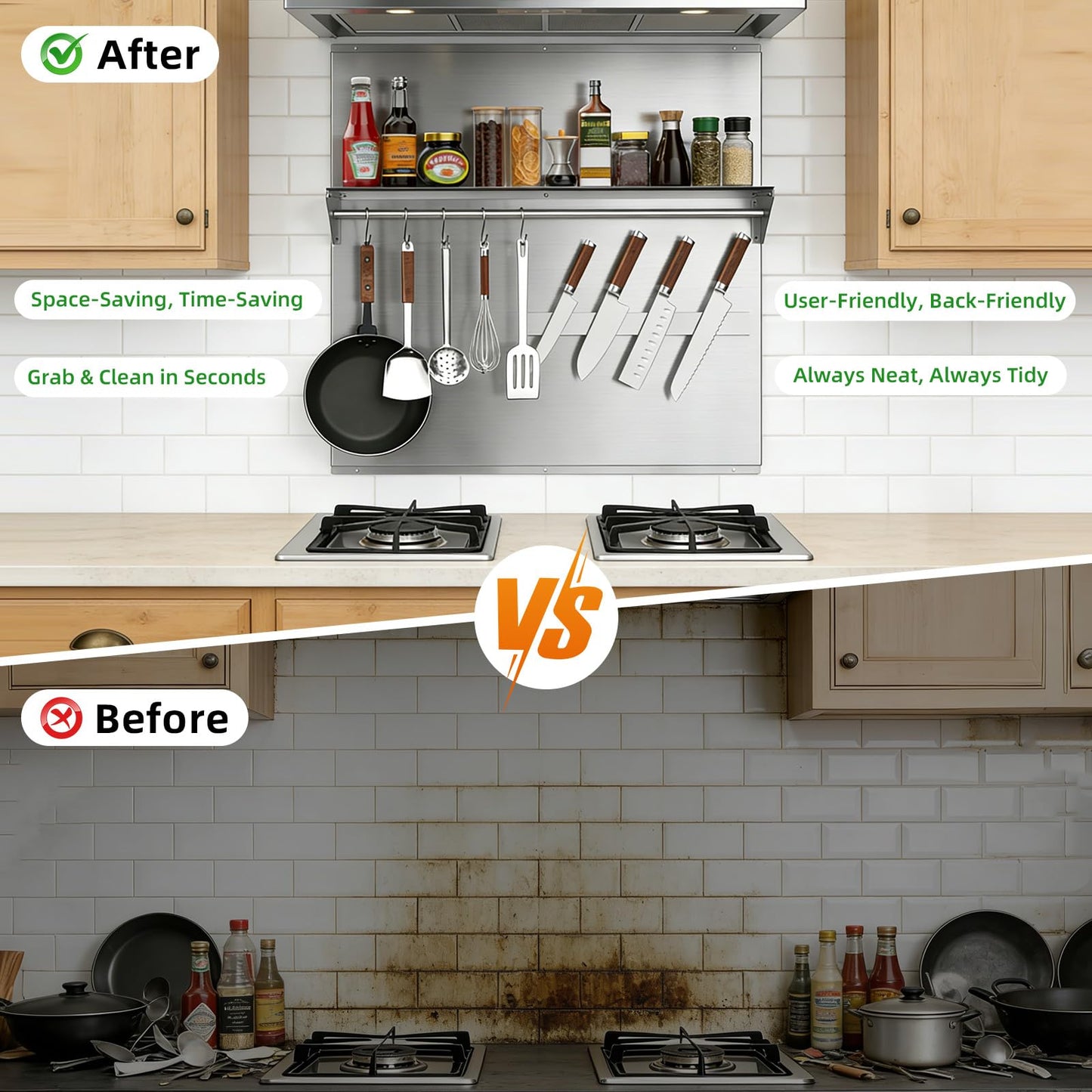Vlaeng 30"x30" Stainless Steel Range Backsplash, Stove Backsplash With Storage Shelf & Magnetic Knife Rack, Stainless Steel Backsplash For Stove, Range Hood Wall Shield With Pre-Drilled Holes