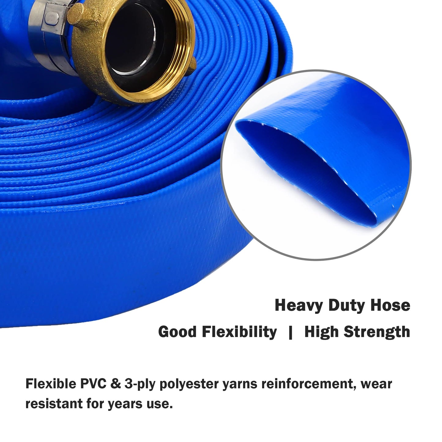 DAVCO 1" ID x 100 ft Pool Backwash Hose, Heavy Duty Reinforced Blue PVC Lay Flat Water Discharge Pump Hoses For Swimming Drain Pools and Clean Filters, With Aluminum Pin Lug Fittings