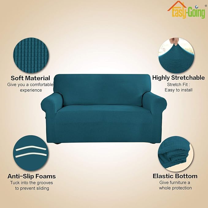Easy-Going Stretch Sofa Slipcover 1-Piece Sofa Cover Furniture Protector Couch Soft with Elastic Bottom for Kids, Polyester Spandex Jacquard Fabric Small Checks (Sofa, Peacock Blue)