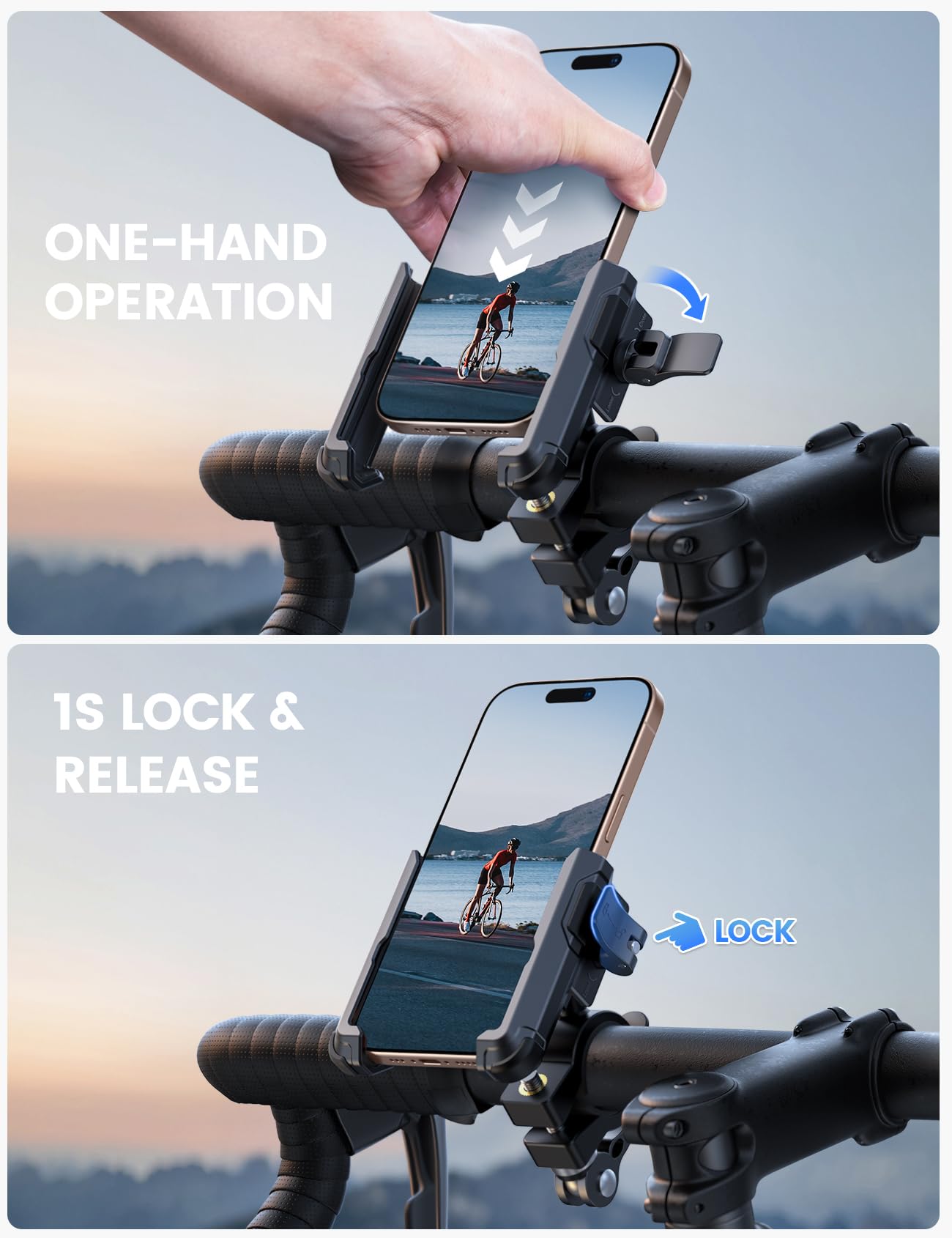 Lamicall Motorcycle Bike Phone Mount - [No Block Camera] [1s Lock] Bike Cell Phone Holder Clamp, Bicycle Scooter Handlebar Clip, Gifts for iPhone 17 16 15 14 Pro Max, Galaxy S25 Ultra, 4.7-7" Phones