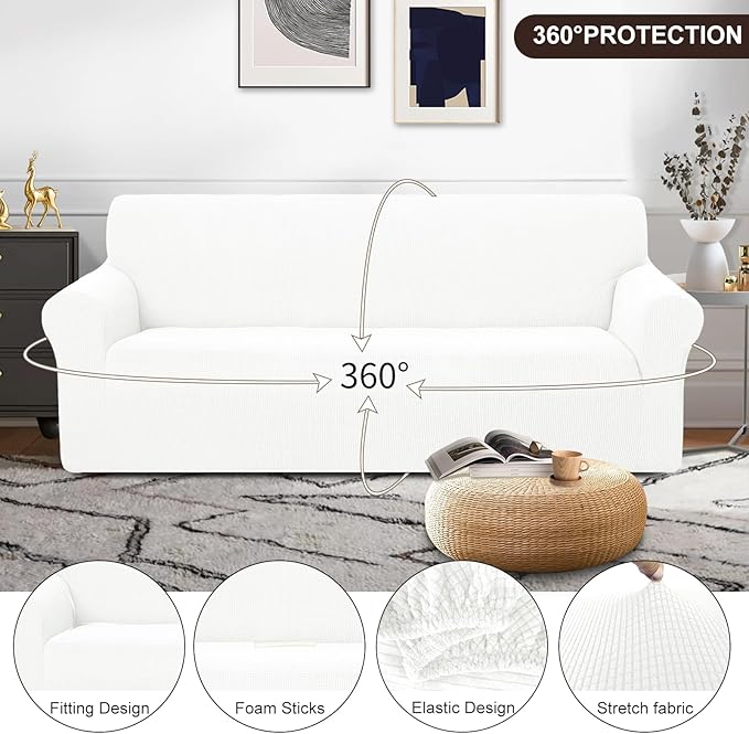 U-NICE HOME Stretch Couch Cover Sofa Cover Washable Sofa Slipcover Furniture Protector for 3 Cushion Couch Sofa Pet Friendly(Sofa, Ivory White)