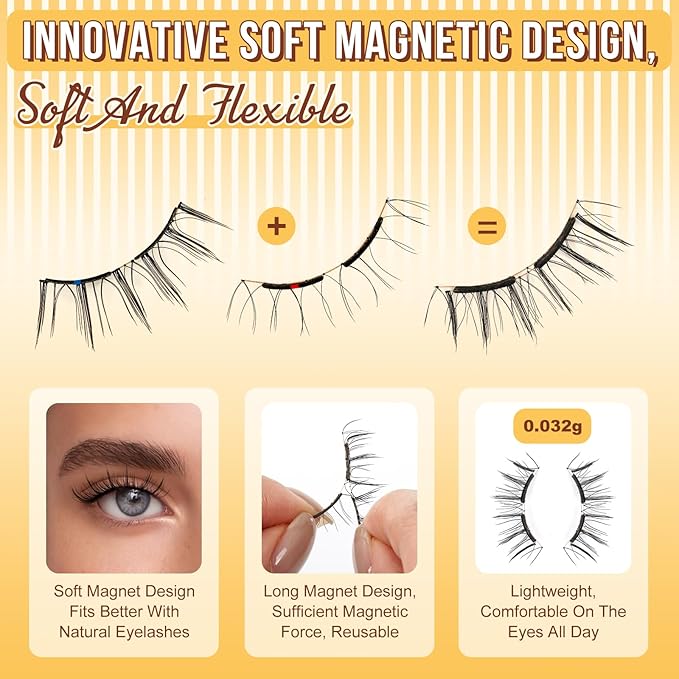 QUEWEL Magnetic-Eyelashes with Applicator, Upgrade 1 Pair Soft Magnetic Lashes, No Glue Needed Reusable Magnetic Eyelashes So Soft and Suitable for Beginners (Soft-Magnetic-D)