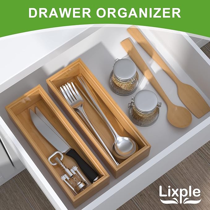 Lixple Bamboo Drawer Organizer Ã¢ÂÂ Set of 2 Stackable Storage Boxes, Silverware Tray & Small Gadget Holder for Kitchen Drawers, 9" x 3" x 2" (Outer), 8.3" x 2.3" x 1.77" (Inner)
