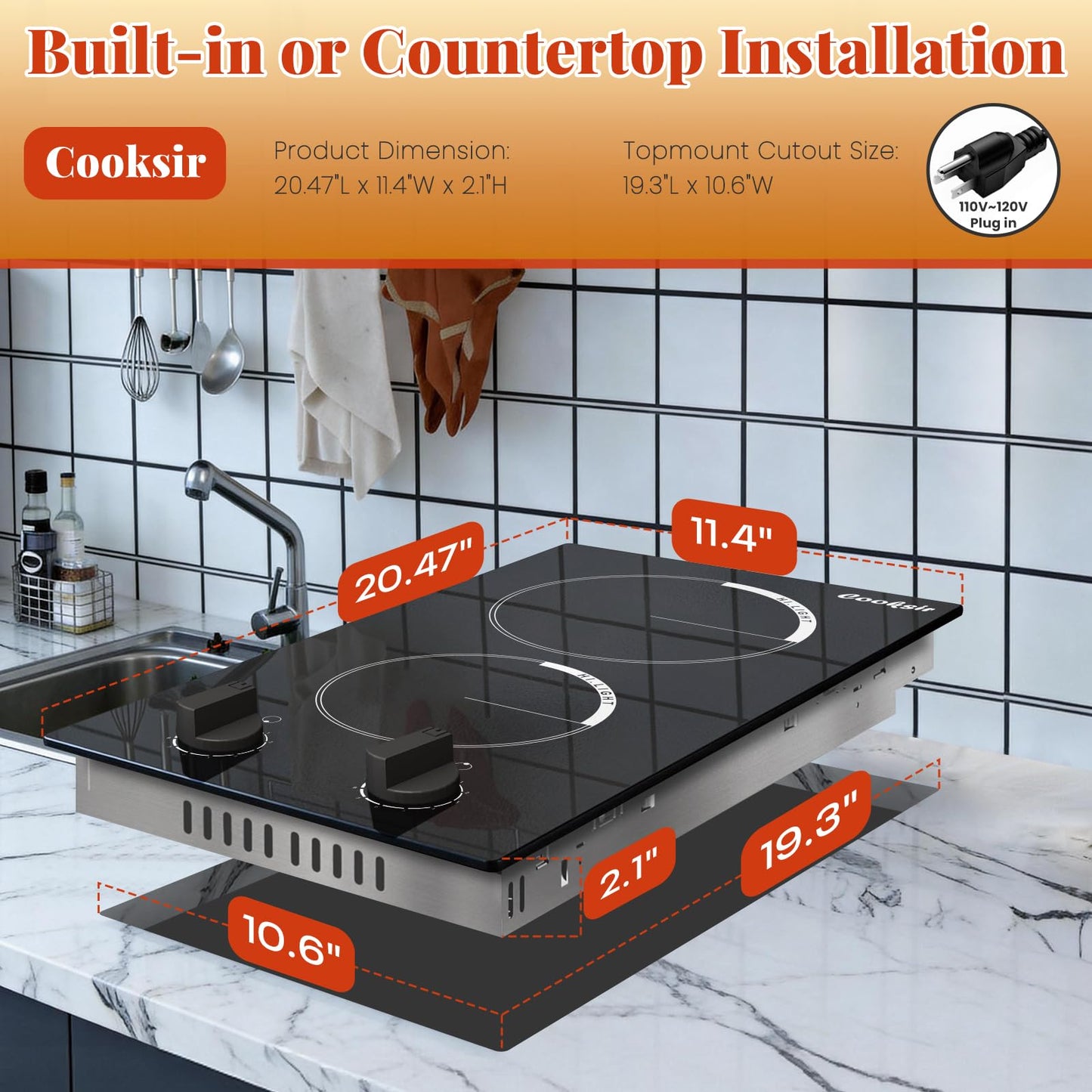 Cooksir 2 Burner Electric Cooktop - 110v Countertop and Built-in Electric Stove 2000W, 12 Inch Ceramic Stove with Residual Heat Indicator, Over-Temperature Protection, Knob Control, 110-120V Plug in