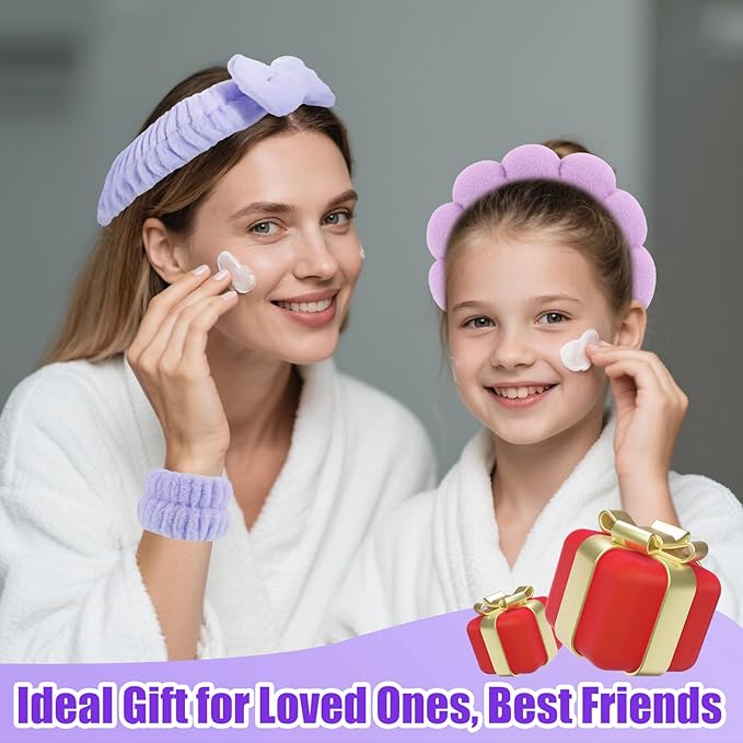 Canitor Spa Headband Wrist Bands Hair Clips Set Skincare Makeup Self Skin Care for Women Washing Face Teens Teenager Tween Clean Girl Gifts Cute Trendy Stuff Things Purple Stocking Stuffers