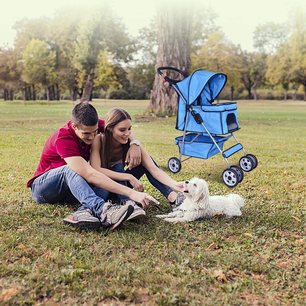 4 Wheels Pet Stroller Cat Dog Cage Stroller Travel Folding Carrier with Cup Holders and Removable Liner for Small-Medium Dog, Cat (Blue)