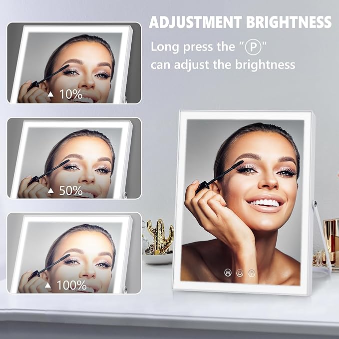 Vanity Mirror with Lights,10"x12" Lighted Makeup Mirror with 3 Color Modes & Dimmable, 360ÃÂ° Rotation Desk Mirror, Dual Power Supply, Smart Touch Control with Settings Memory (White)