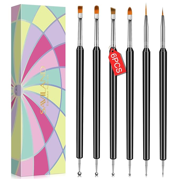 SAVILAND Nail Art Brushes Set - 6pcs Double-End Nail Art Tools Professional Nail Art Kit Dotting Tools Line Pen Painting Brushes for Gel Polish Nail Design French Manicure