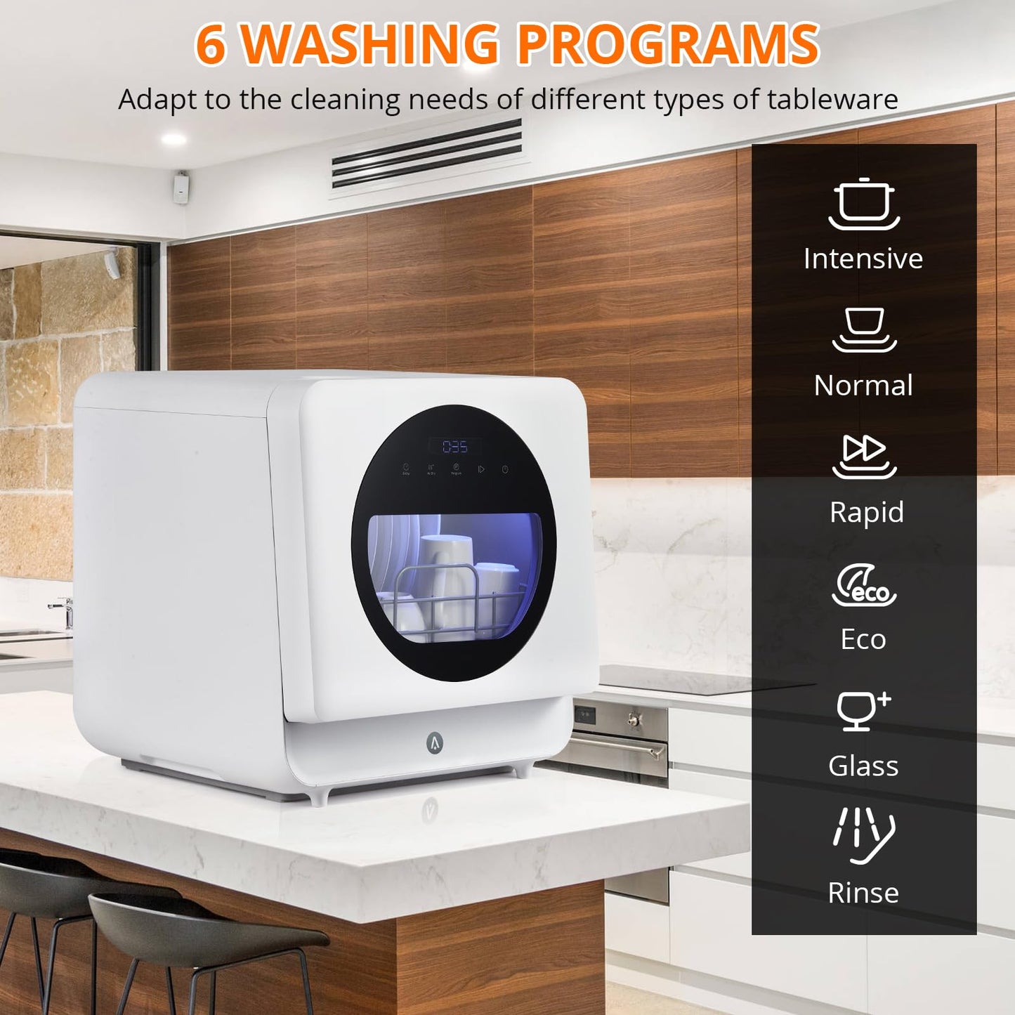 Smart Compact Dishwasher with 6 Wash Cycles & Dual Fill Technology, Countertop Portable for Modern Apartments, Dorms, and Boats – No Installation, Space-Saving Design with Self-Priming Mode