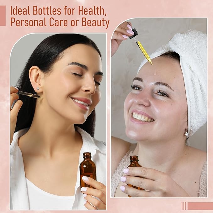4 Pack, 2 oz Bottles with Dropper & 1 Funnel & 4 Labels - Essential Oils Bottles for Health, Personal Care & Beauty - 60ml Thick Dark Amber Glass Tincture Bottles, Refillable Cosmetic Containers