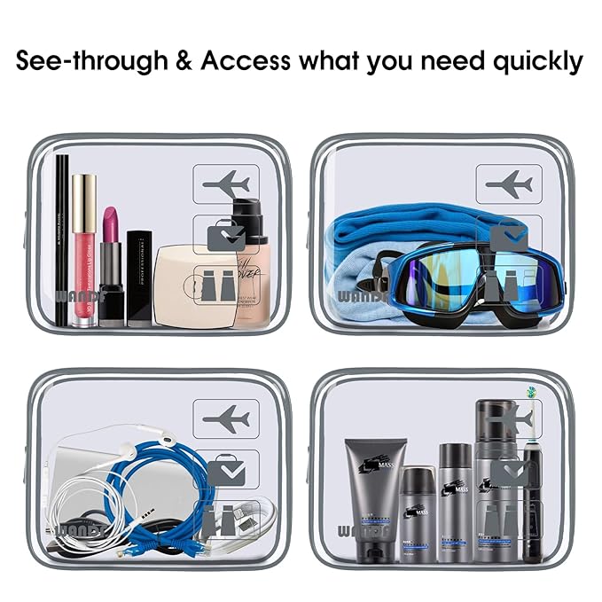 WANDF TSA Approved Toiletry Bag, 2 Packs Travel Clear Toiletry Bag, Quart Size Makeup Cosmetic Pouch with Zipper, Carry-On Airport Compliant Bag for Women and Men (3pcs Grey)