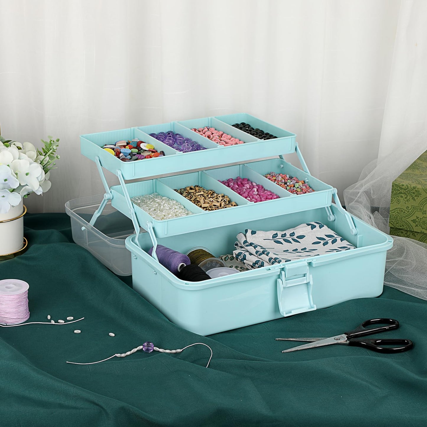 BTSKY 3-Layer Plastic Dividing Storage Box Craft Organizer and Storage with Adjustable Spacers Portable Handled Art Supply Organizer Multipurpose Home Utility Box for Medicine, Sewing(Blue)