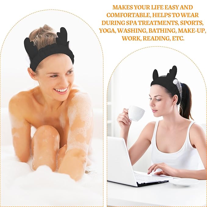 Jowmoy Cute antlers Headband Frog Eye Elastic to Wash Face for Women Makeup Shower Spa.