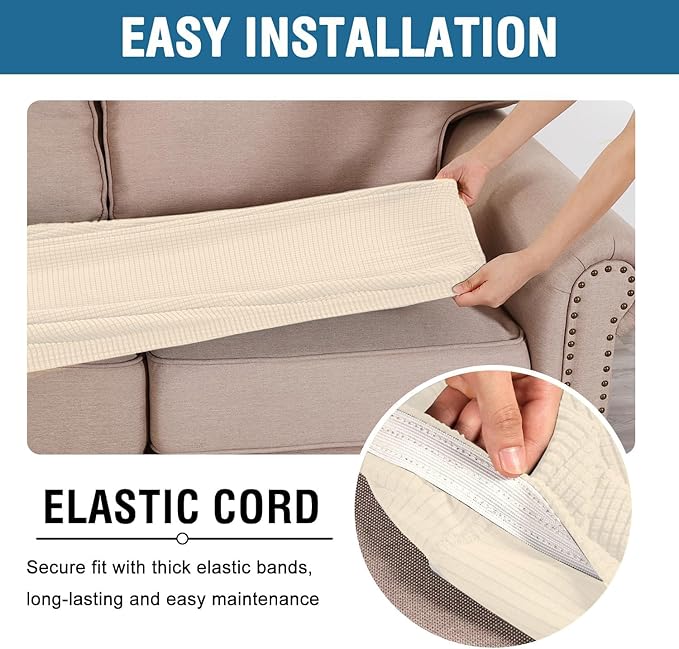 H.VERSAILTEX Super Stretch Individual Seat Cushion Covers Sofa Covers Couch Covers Slipcover Sets Thick Jacquard Textured Twill Fabric (3 Piece XL Sofa Cushion Covers, Cream)