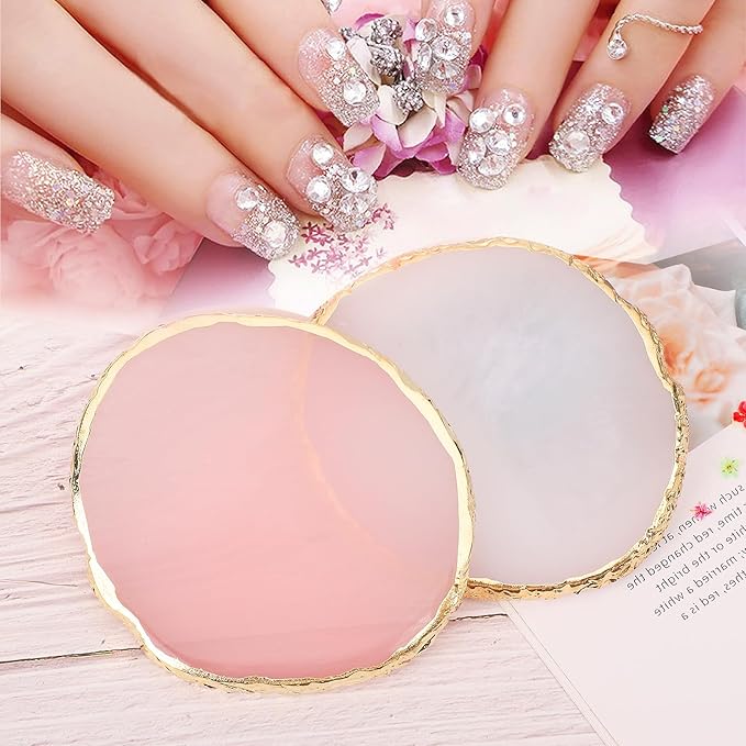 Pengxiaomei 2 Pcs Resin Pink Nail Art Palette, Nails Polish Palette Nail Art Tools Gold Edge Nails Art Display Board Easter Gifts for Women Easter Basket Stuffers