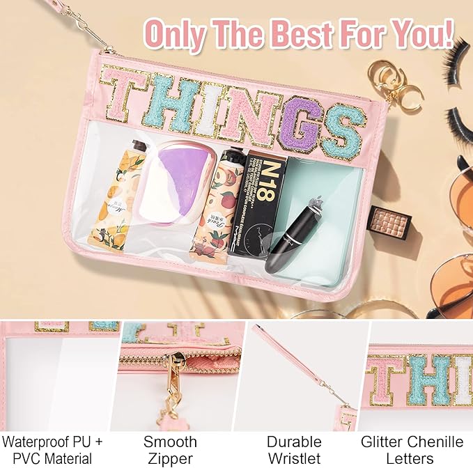 Chenille Letter Clear Bag Things Purse, Monogram PVC & PU Clear Zipper Pouch with Wristlet, Waterproof Portable Glitter Snacks Makeup Beach Pouch Toiletry Bag for Women Girls (THINGS-Pink)