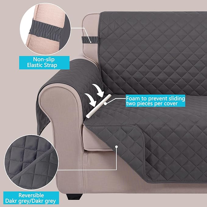 U-NICE HOME Large Sofa Cover Reversible Couch Cover for Dogs with Elastic Straps Water Resistant Furniture Protector for Pets Couch Cover for 4 Cushion Couch (Oversized Sofa, Dark Grey/Dark Grey)