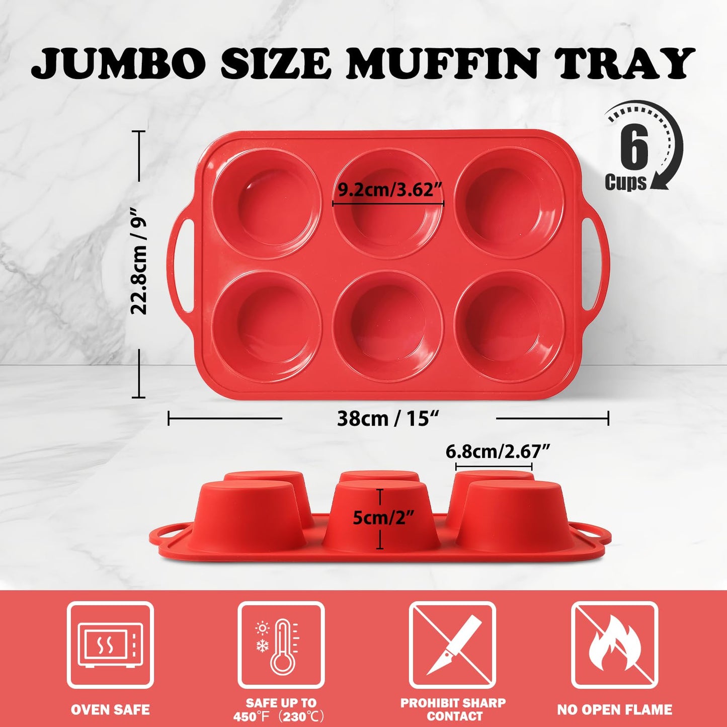 Foepoge 2 Pack Jumbo Silicone Muffin Pan with Metal Frame, Non-stick Large Silicone Cupcake Pan with Handles 6 Cup, Silicon Muffin Tin Tray for baking, egg bites, Cupcake Mold, BPA Free Red