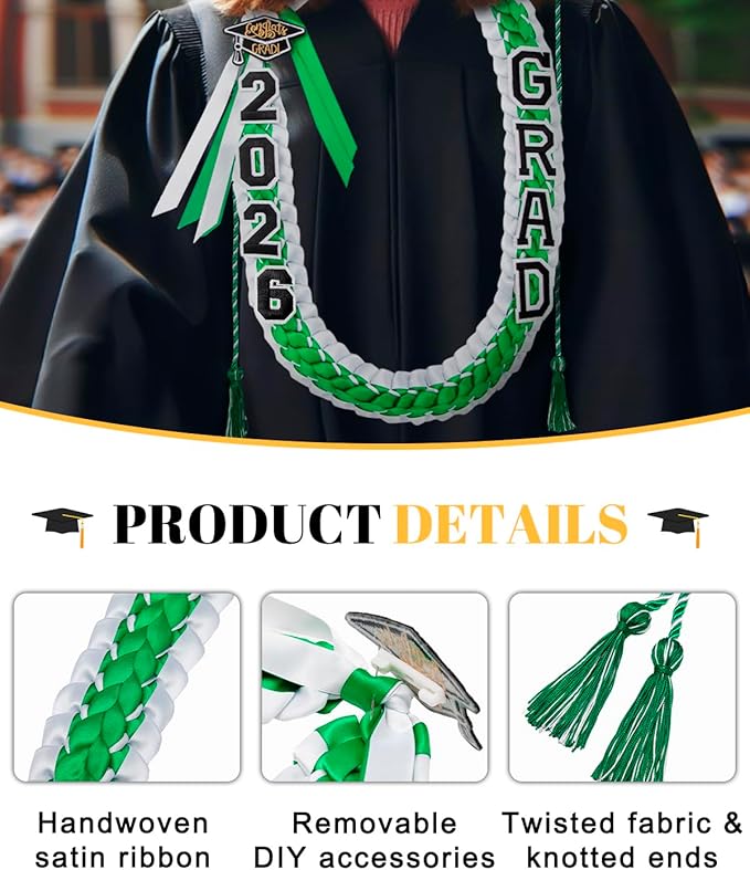 ALKB 2026 Graduation Lei Set - Two-Tone Braided Ribbon with Honor Cord, Unisex Graduation Gift for Graduates, Polyester