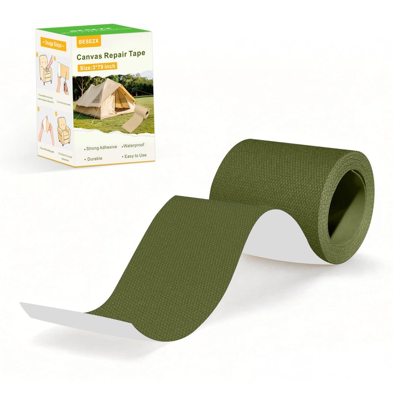Besezx Canvas Repair Tape,Outdoor Gear Patch, 3x79 Inches,Waterproof Self-Adhesive Fabric Repair Tape for Repairing Boat Covers,Sun Shades,Sofas,Tents,Lounge Chairs,Awnings (Army Green)