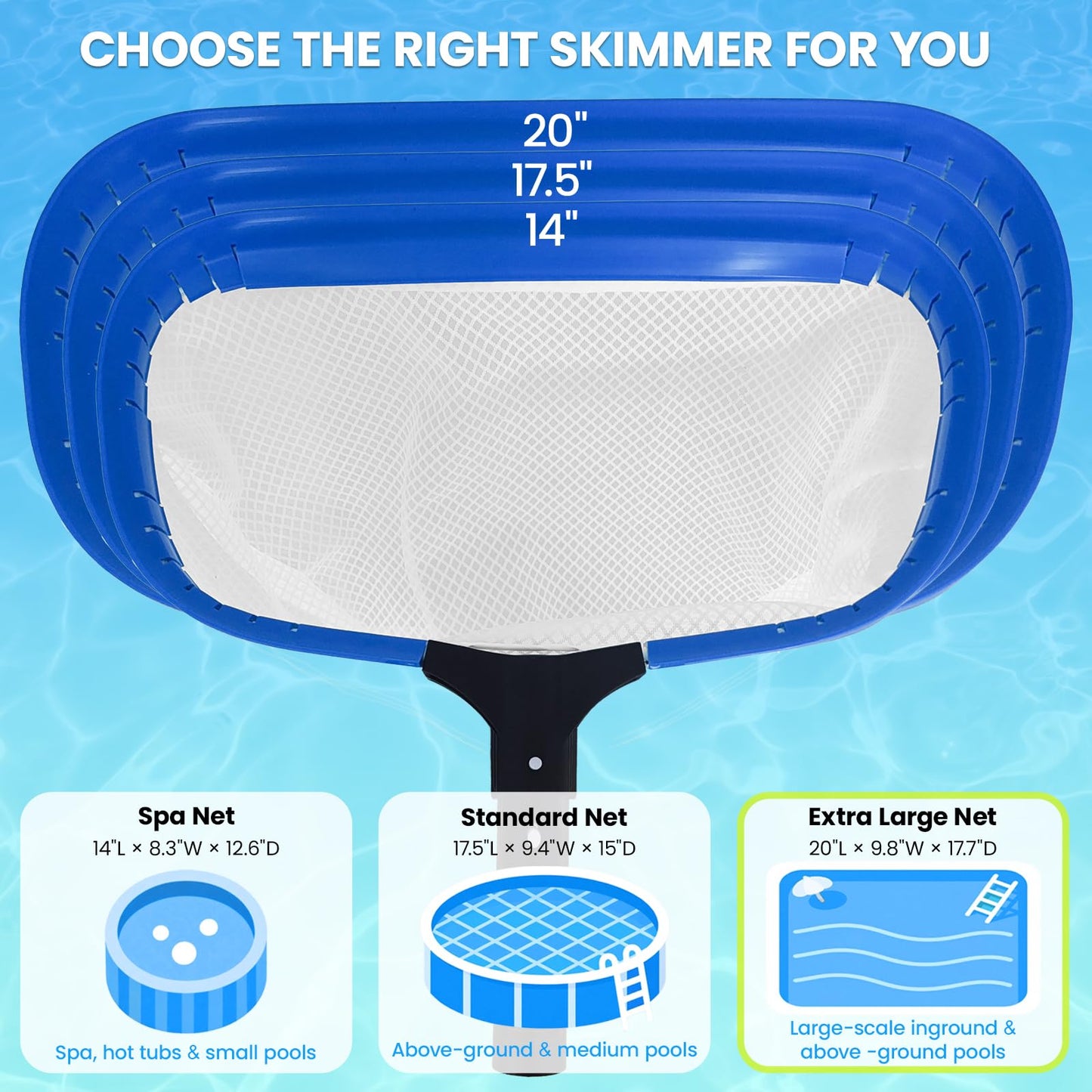 Poolvio 20" Pool Net Skimmer – Heavy Duty Leaf Net with Aluminum Frame with Diamond-Pattern Ultra-Fine Soft Mesh Bag – Pool Cleaning Net for Leaves, Sand, Pollen & Small Debris (No Pole)