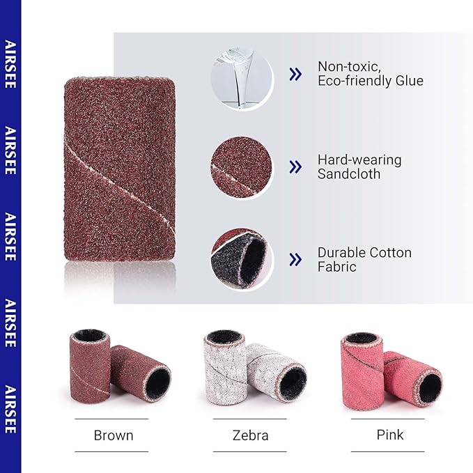 AIRSEE Sanding Bands for Electric Nail Drill 100 Piece Set 240 Grit Fine Acrylic File Attachments Professional Sander 1 Mandrel Bit Beauty Salon Accessories Manicure and Pedicure Finger Callus Brown