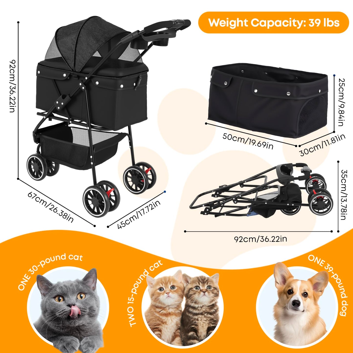 Pet Stroller,Dog Stroller for Small Medium Dogs Cats,3 Wheels,Foldable,with Breathable Mesh Canopy,Cup Holders,Easy Assembly,Black