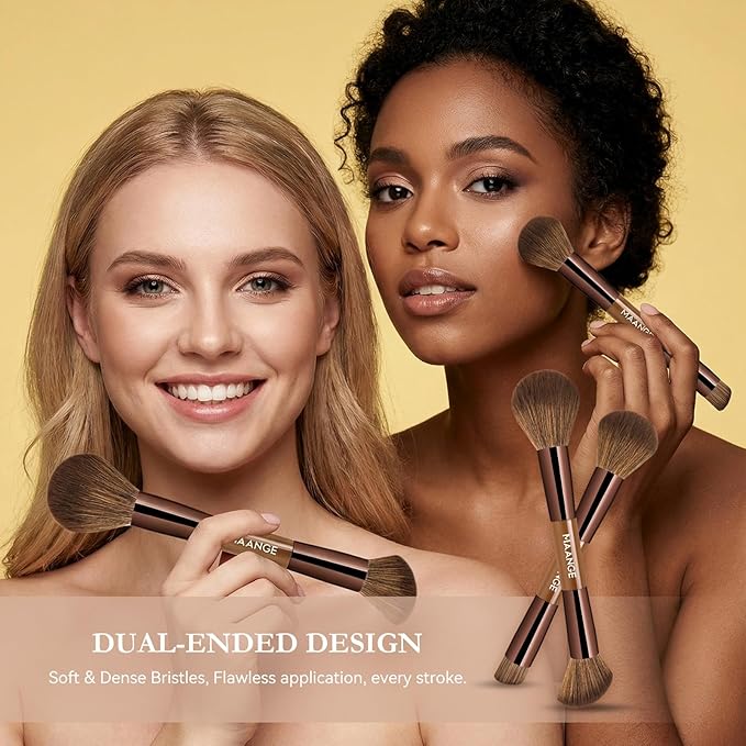 MAANGE 7 PCS Foundation Makeup Brush Set With Bag, Make up Brushes, Eyeshadow Concealer Brush, Double-ended Foundation Contour Powder Blush, Professional Face brush Set Tools For Liquid,Cream (Brown)