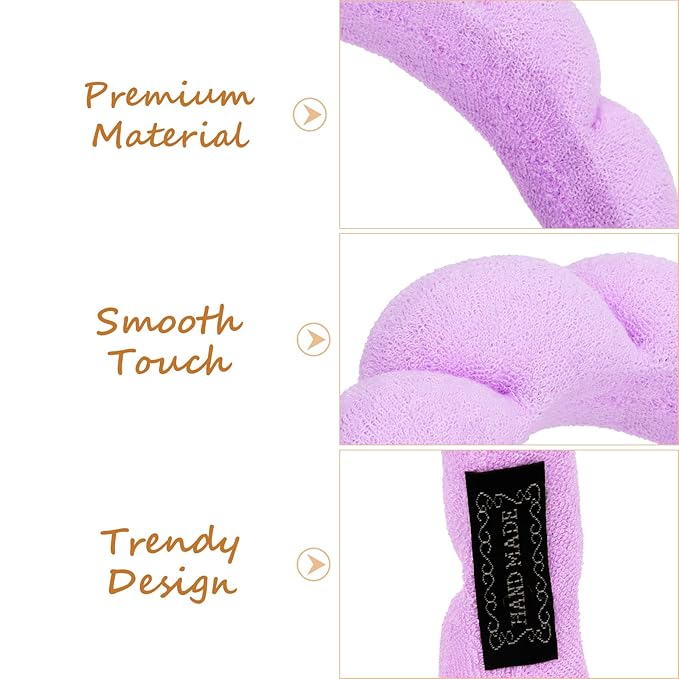 AMCAMI Puffy Spa Headband for Women Sponge Headbands for Girls 2 PCS Terry Towel Cloth Fabric Head Band for Skincare,Makeup Removal,Face Washing,Facial Mask,Shower,Hair Accessories（Purple&Light Pink）