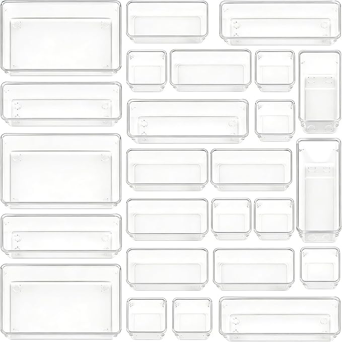 Clear Acrylic Drawer Organizer Trays, 5 Size Junk Box Organization Small Storage Container Bin for Desk Makeup Bathroom Vanity Kitchen Tool Make Up Workspace Home Dorm Apartment Office Room Nightstand