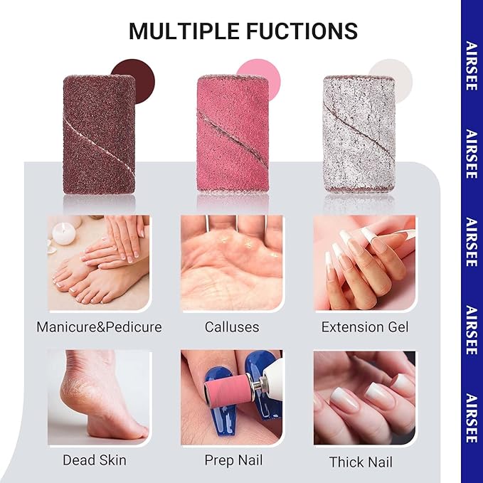 AIRSEE Sanding Bands for Electric Nail Drill 100 Piece Set 240 Grit Fine Acrylic File Attachments Professional 1 Sander Mandrel Bit Beauty Salon Accessories Manicure and Pedicure Finger Callus Pink