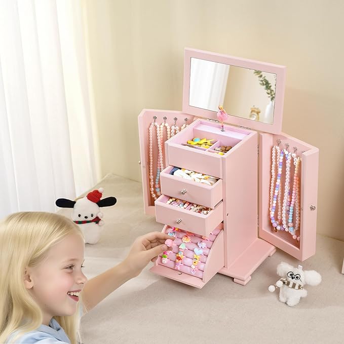 Emfogo Musical Jewelry Box for Girls, Large Kid Music Box with Ballerina for Birthday Bedroom Decor, 5 Layer Girl Jewelry Gifts for Girls Kids - Pink