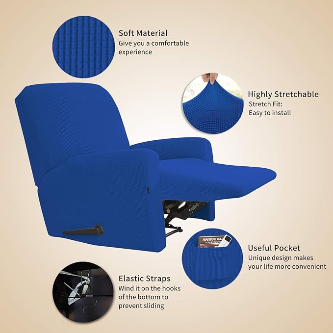 Easy-Going Recliner Stretch Sofa Slipcover Sofa Cover 4-Pieces Furniture Protector Klein Blue Couch Soft with Elastic Bottom Polyester Spandex Jacquard Fabric(Recliner, Classic Blue,Large)